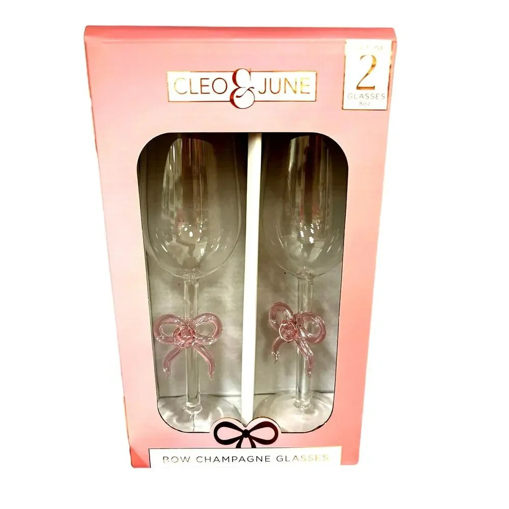 Pink Bow Champagne Flutes Set of 2 Elegant Wedding Toast Glasses Gift Boxed